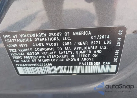 2014 Volkswagen Passat S из США, поврежденный, VIN 1VWAS7A32EC070490